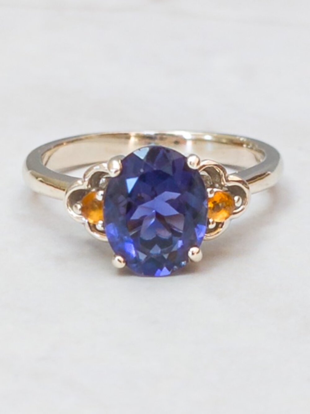 14K White Gold Iolite & Citrine Ring - 8×7 mm Oval, Alt Engagement, Size 5.75